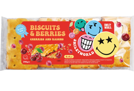 Печиво  затяжне з начинкою «SmileyWorld BISCUITS & BERRIES» вишня та родзинки, 210г