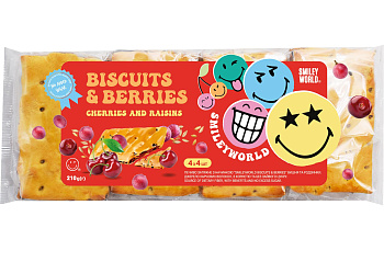 Печиво  затяжне з начинкою «SmileyWorld BISCUITS & BERRIES» вишня та родзинки, 210г